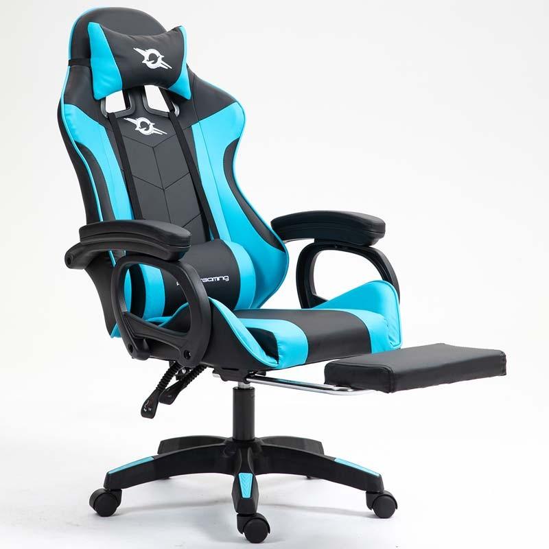 vue de face de la Chaise Gaming PowerGaming avec 7 points de massage et Repose-pieds Noir+Bleu inclinée