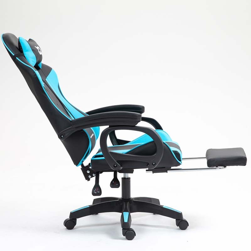 vue de côté de la Chaise Gaming PowerGaming avec 7 points de massage et Repose-pieds Noir+Bleu inclinée