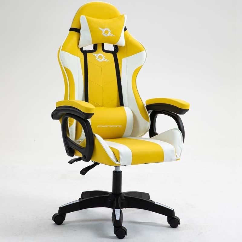 vista frontal y lateral de la Silla Gaming PowerGaming Blanco+Amarillo