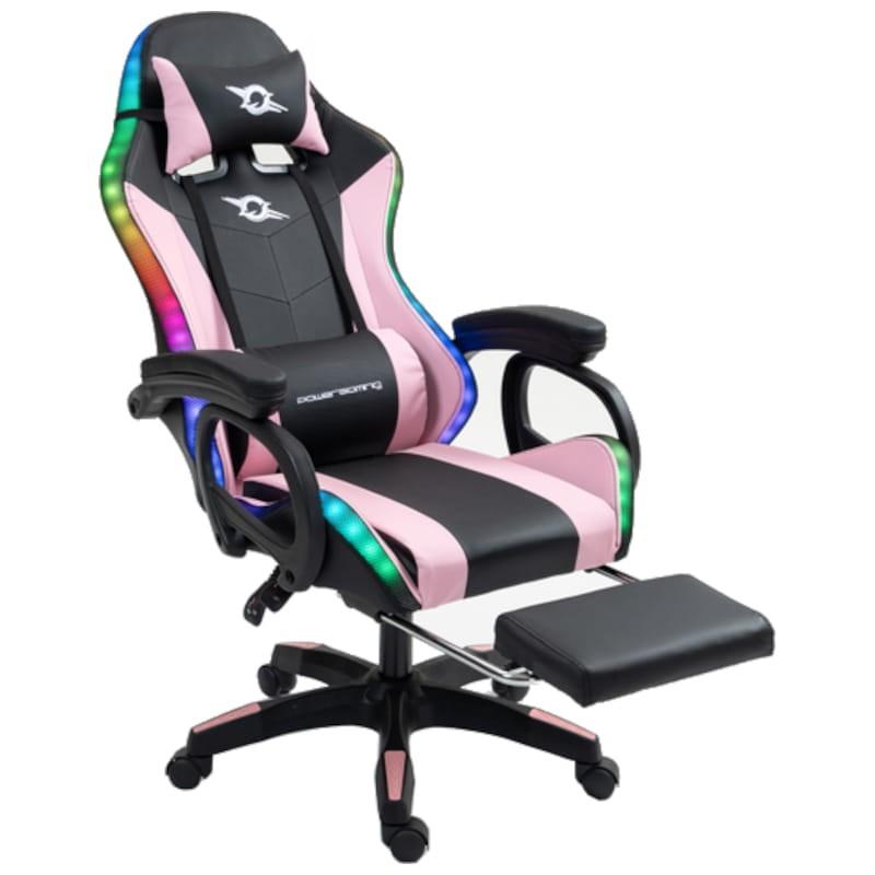 PowerGaming LED RGB Silla Reposapiés Negro+Rosa Vista Frontal con reposapies desplegado