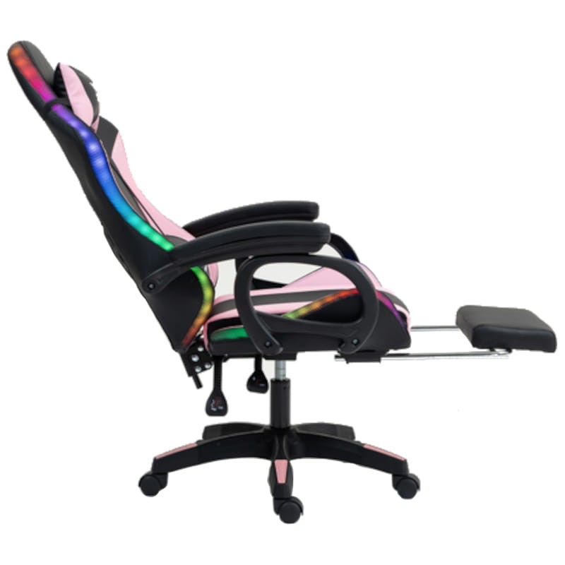 PowerGaming LED RGB Silla Reposapiés Negro+Rosa  Vista lateral derecha con reposapies desplegado