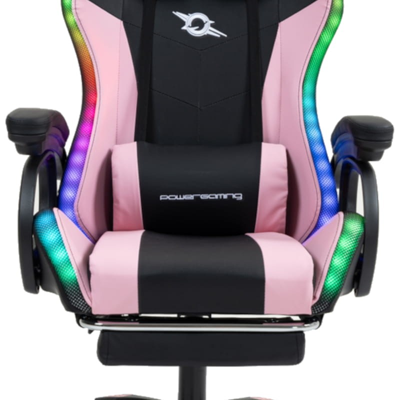 PowerGaming LED RGB Silla Reposapiés Negro+Rosa Detalle Frontal del asiento 
