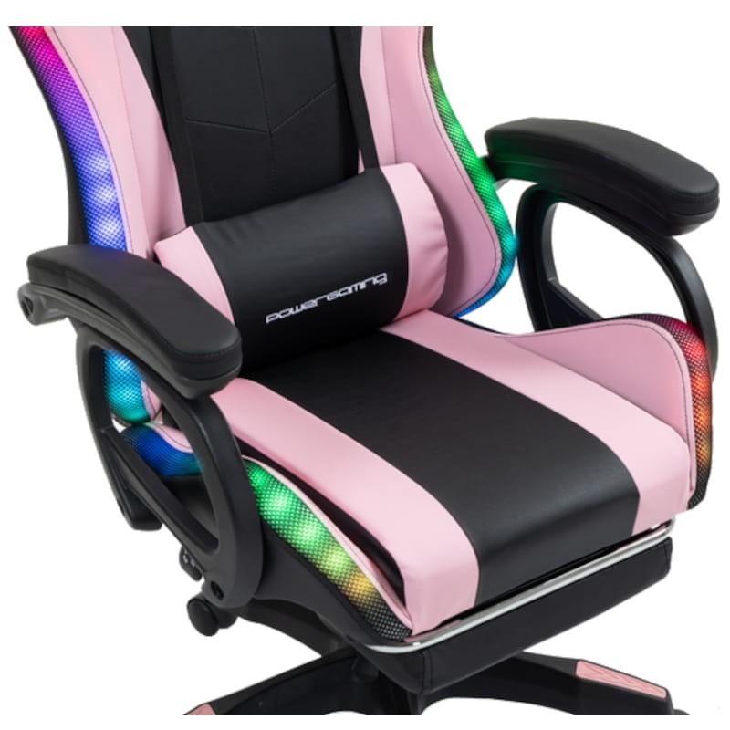 PowerGaming LED RGB Silla Reposapiés Negro+Rosa Vista al detalle del frontal del asiento