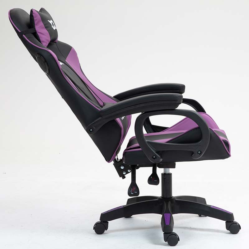 vue latérale de la Chaise Gaming PowerGaming avec Haut-parleur Bluetooth et Massage Noir+Lilas inclinée