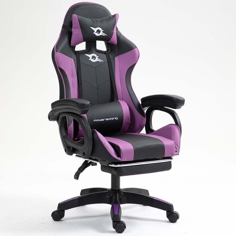 vista frontal y lateral de la Silla Gaming PowerGaming con Reposapiés Negro+Lila