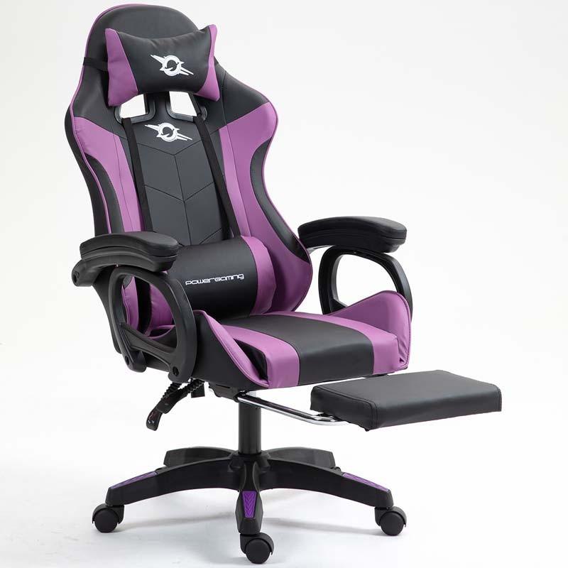 vista frontal de la Silla Gaming PowerGaming con Reposapiés Negro+Lila reclinada
