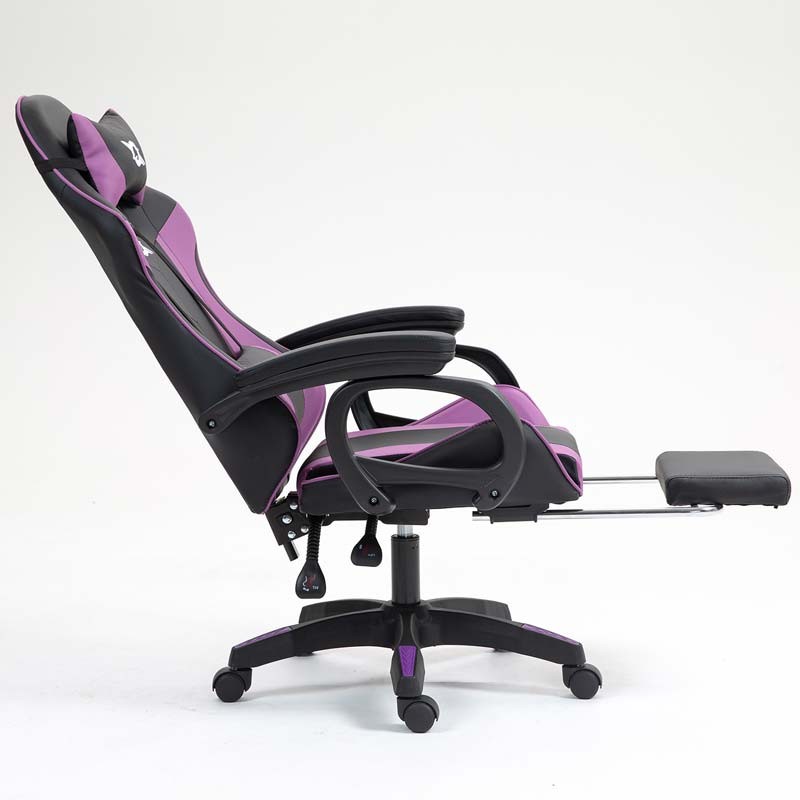 vista lateral de la Silla Gaming PowerGaming con Reposapiés Negro+Lila reclinada