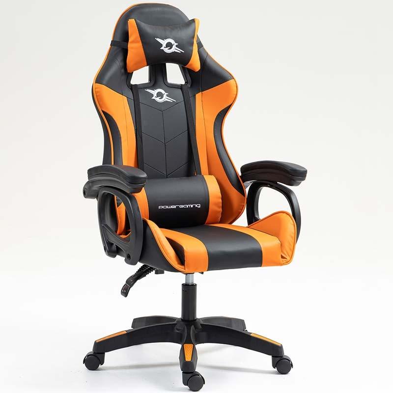 vista frontal e lateral da Cadeira Gaming PowerGaming Preto+Laranja
