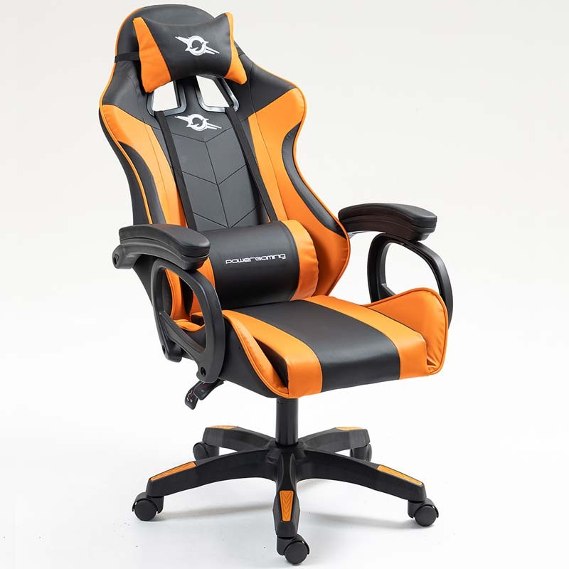 vista frontal da Cadeira Gaming PowerGaming Preto+Laranja reclinada