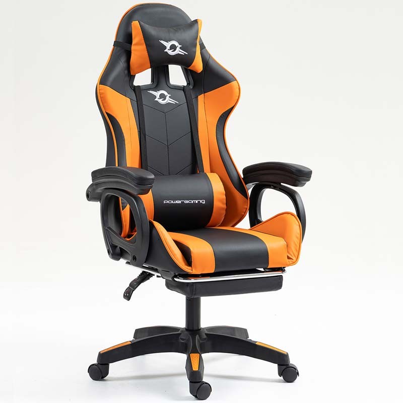 vista frontal y lateral de la Silla Gaming PowerGaming con Reposapiés Negro+Naranja