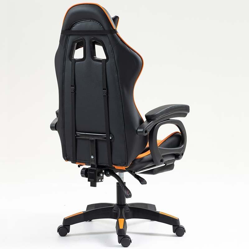 vista trasera y lateral de la Silla Gaming PowerGaming con Reposapiés Negro+Naranja