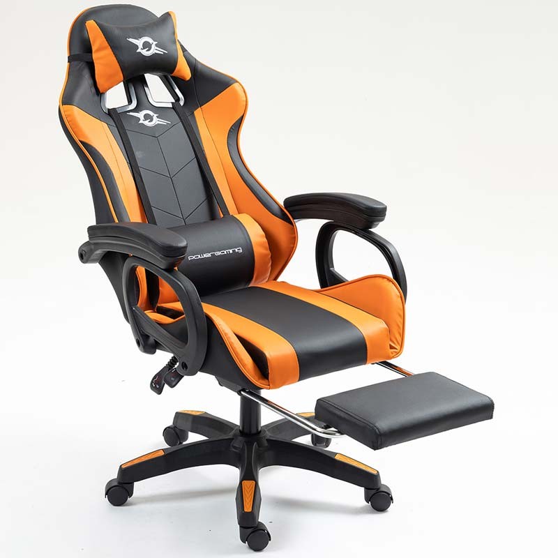 vista frontal de la Silla Gaming PowerGaming con Reposapiés Negro+Naranja reclinada