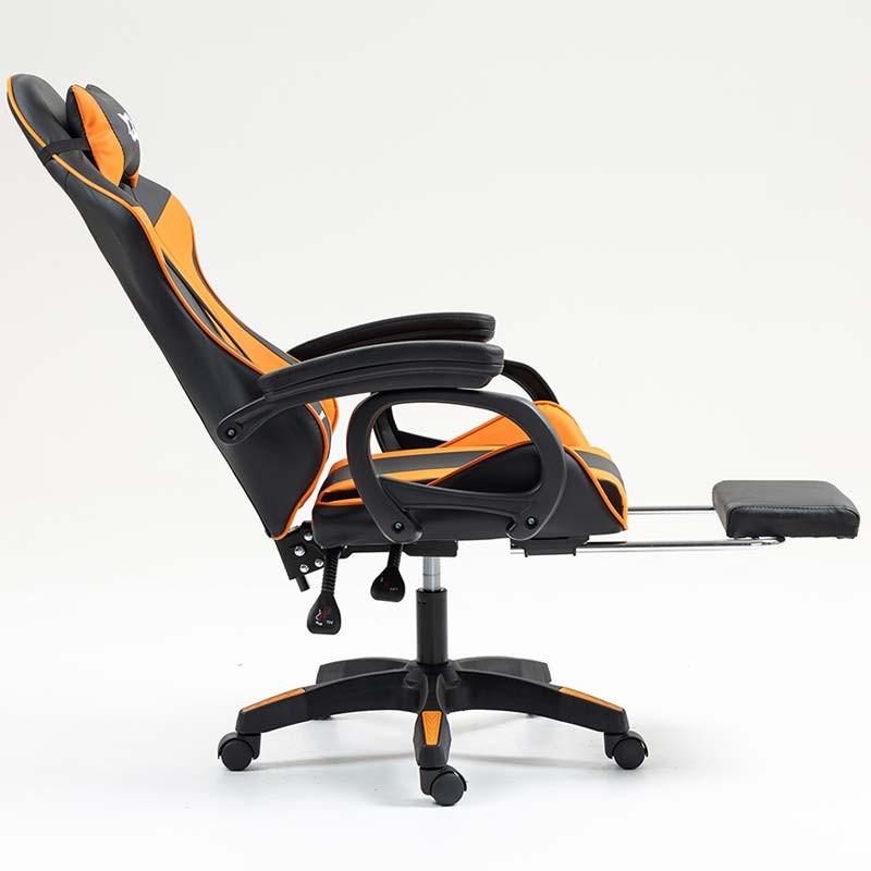 vista lateral de la Silla Gaming PowerGaming con Reposapiés Negro+Naranja reclinada