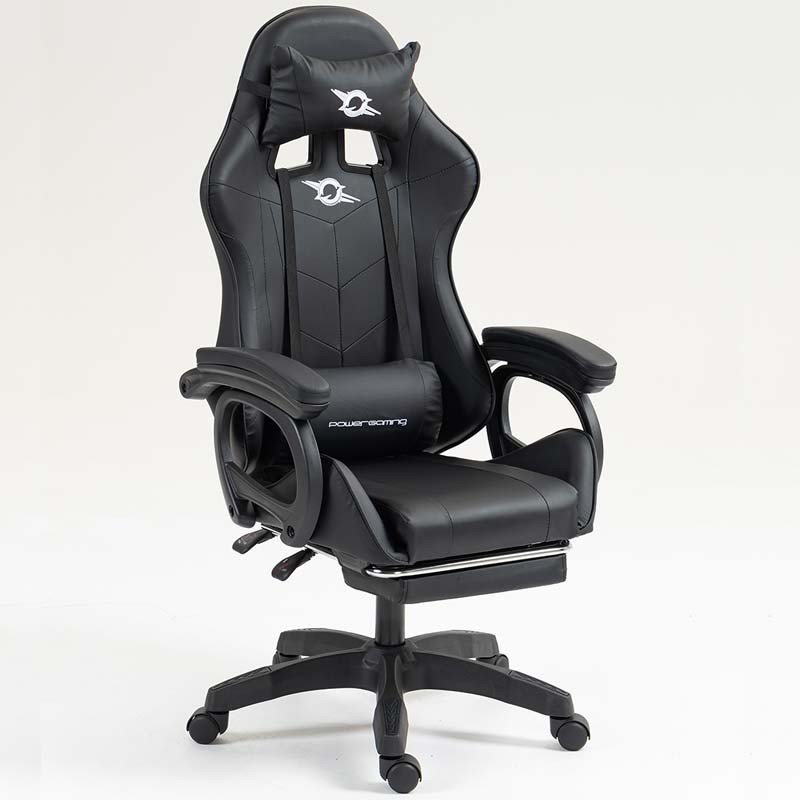 vista frontal y lateral de la Silla Gaming PowerGaming con 7 puntos de Masaje y Reposapiés Negro