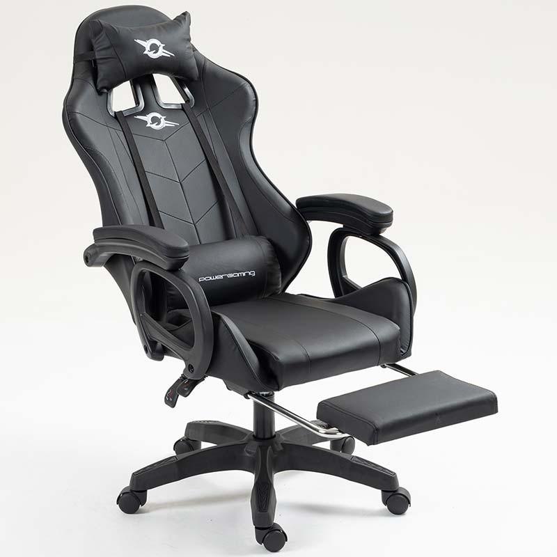 vista frontal de la Silla Gaming PowerGaming con 7 puntos de Masaje y Reposapiés Negro reclinada