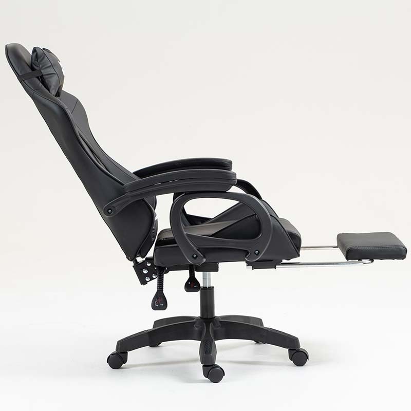 vista lateral de la Silla Gaming PowerGaming con 7 puntos de Masaje y Reposapiés Negro reclinada