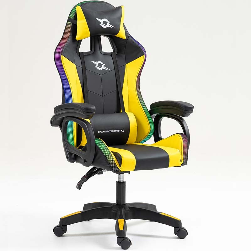 vista frontal y lateral de la Silla Gaming PowerGaming LED RGB Negro+Amarillo