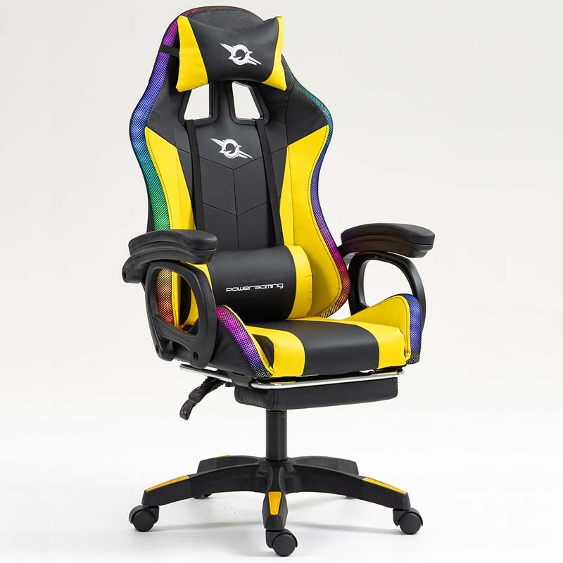 vista frontal y lateral de la Silla Gaming PowerGaming LED RGB con Reposapiés Negro+Amarillo