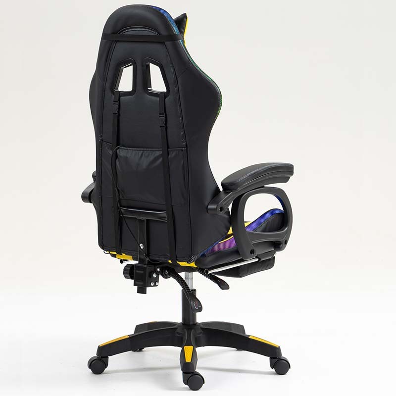 vista trasera y lateral de la Silla Gaming PowerGaming LED RGB con Reposapiés Negro+Amarillo