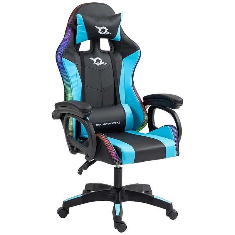 vista frontal y lateral de la Silla Gaming PowerGaming LED RGB Negro+Azul