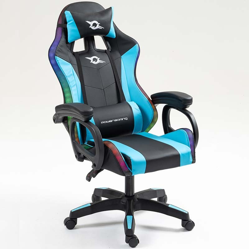 vista frontal de la Silla Gaming PowerGaming LED RGB Negro+Azul reclinada
