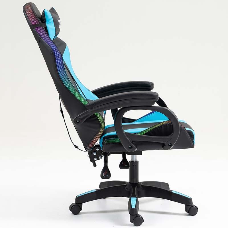 vista lateral de la Silla Gaming PowerGaming LED RGB Negro+Azul reclinada