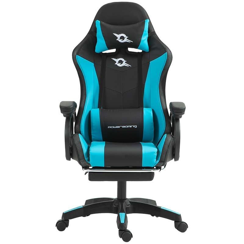 vista frontal de la Silla Gaming PowerGaming LED RGB con Reposapiés Negro+Azul