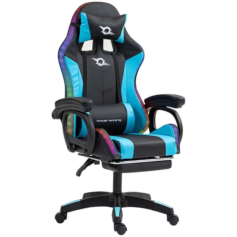 vista frontal y lateral de la Silla Gaming PowerGaming LED RGB con Reposapiés Negro+Azul