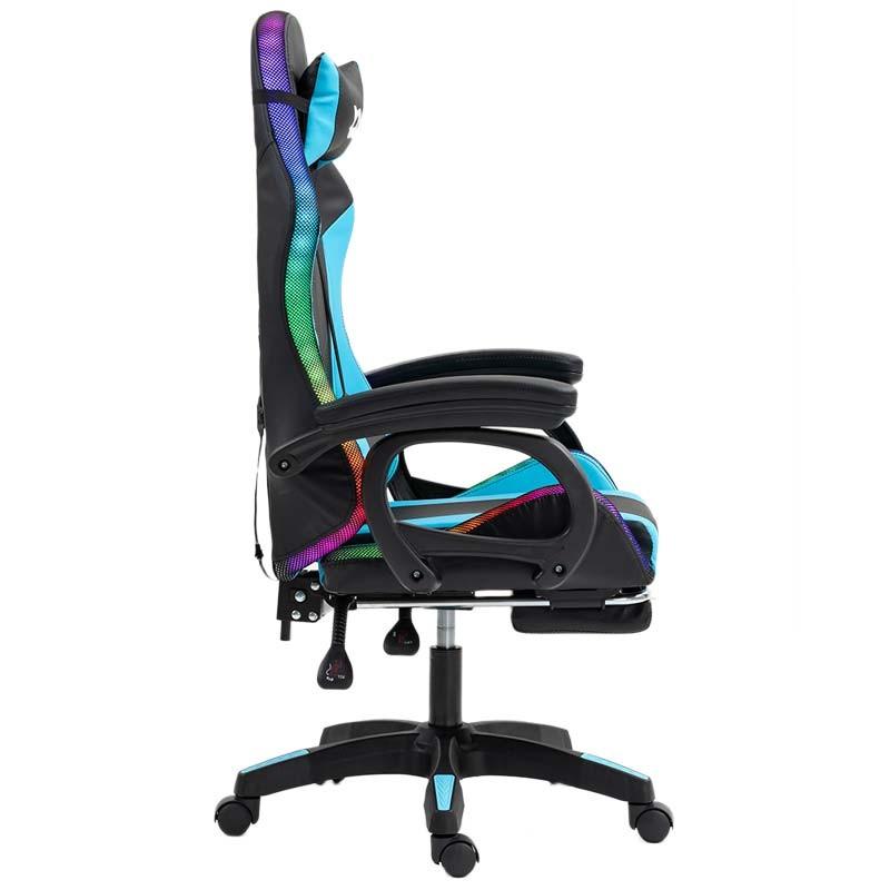 vista lateral de la Silla Gaming PowerGaming LED RGB con Reposapiés Negro+Azul
