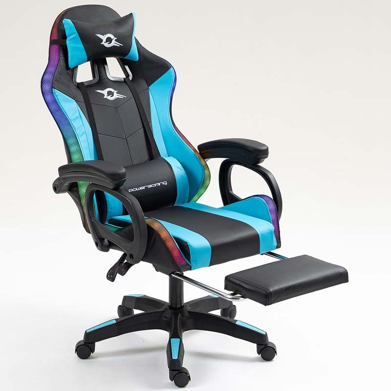 vista frontal de la Silla Gaming PowerGaming LED RGB con Reposapiés Negro+Azul reclinada
