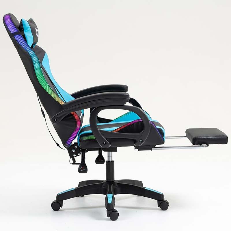 vista lateral de la Silla Gaming PowerGaming LED RGB con Reposapiés Negro+Azul reclinada