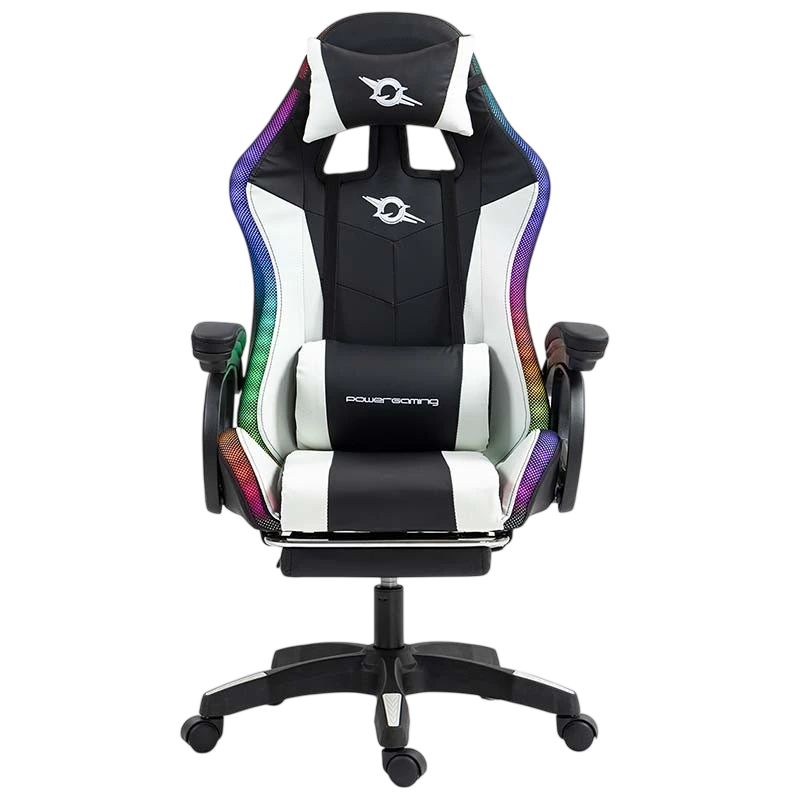 Silla Gaming PowerGaming LED RGB con Altavoz Bluetooth, Masaje y Reposapiés Negro+Blanco