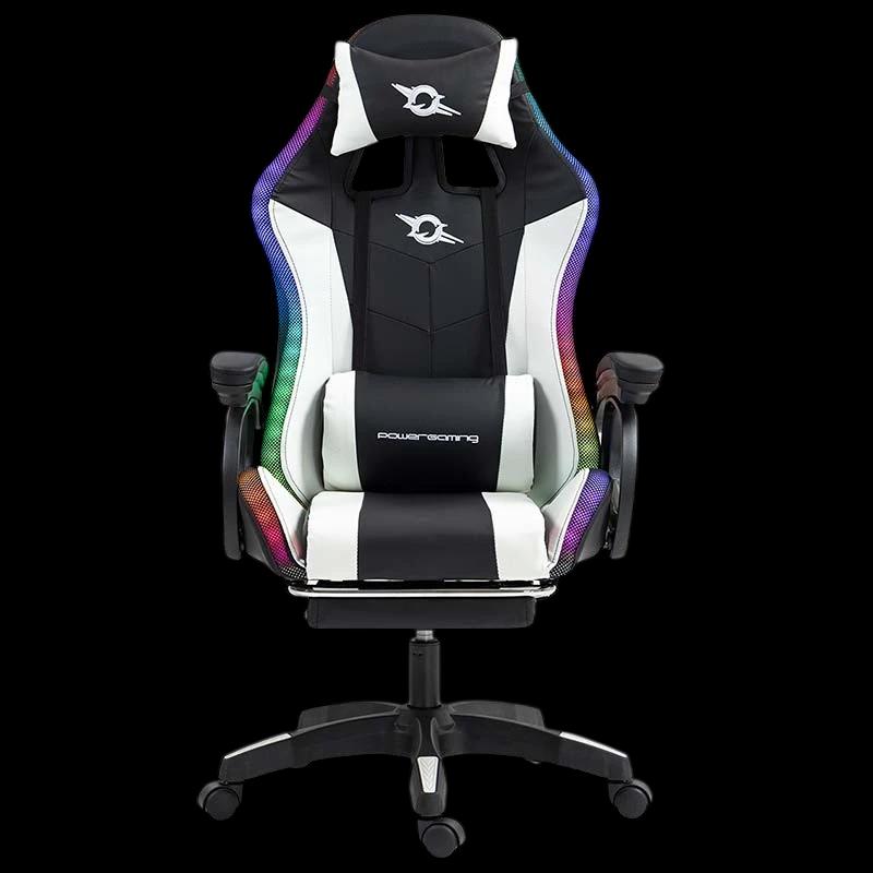 Silla Gaming PowerGaming LED RGB con Altavoz Bluetooth, Masaje y Reposapiés Negro+Blanco