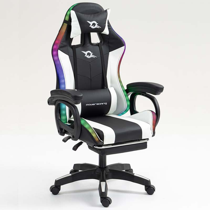 vista frontal de la Silla Gaming PowerGaming LED RGB con Altavoz Bluetooth, Masaje y Reposapiés Negro+Blanco