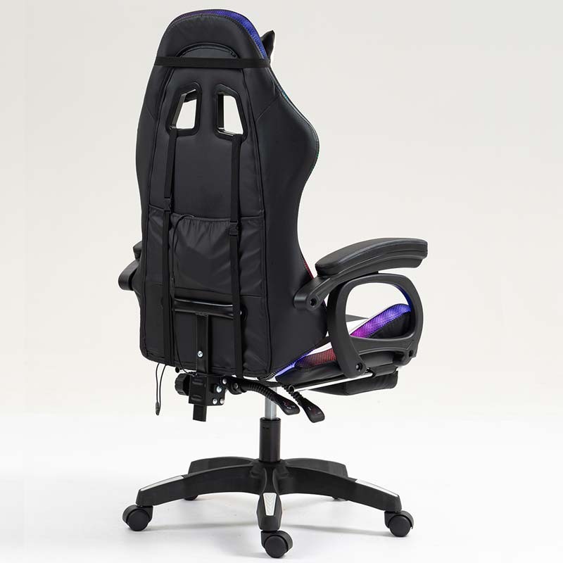 vista traseira e lateral da Cadeira Gaming PowerGaming LED RGB com Apoio para Pés Preto+Branco