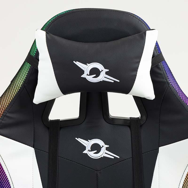 almohada cervical de la Silla Gaming PowerGaming LED RGB con Altavoz Bluetooth, Masaje y Reposapiés Negro+Blanco