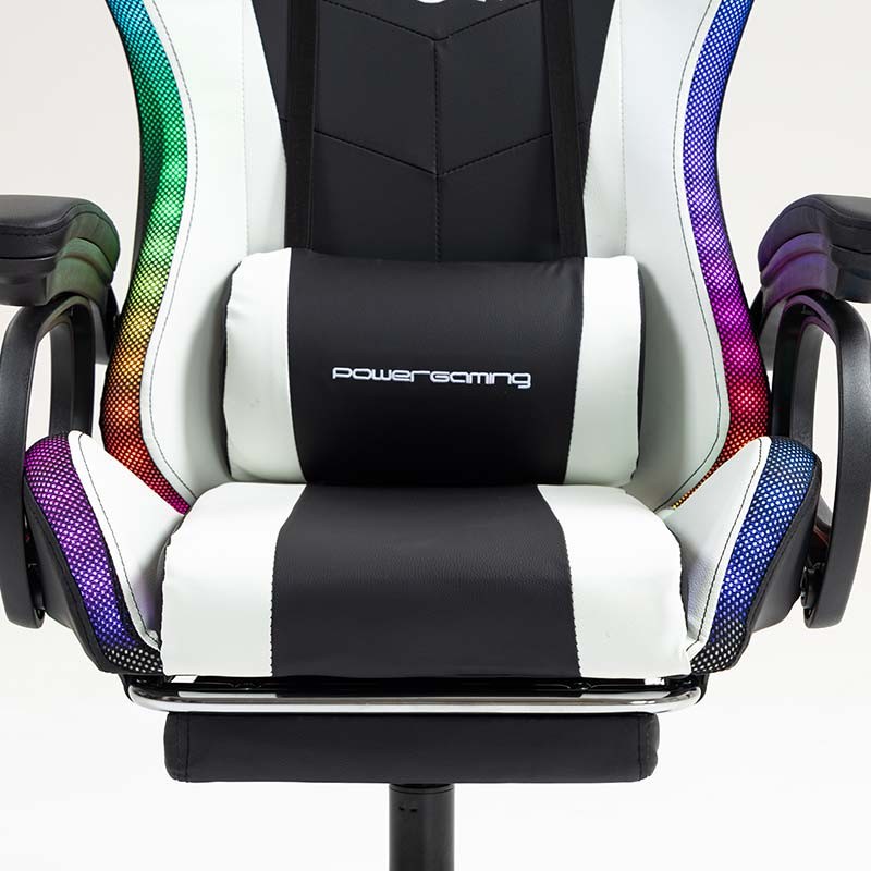 cojín lumbar de la Silla Gaming PowerGaming LED RGB con Altavoz Bluetooth, Masaje y Reposapiés Negro+Blanco