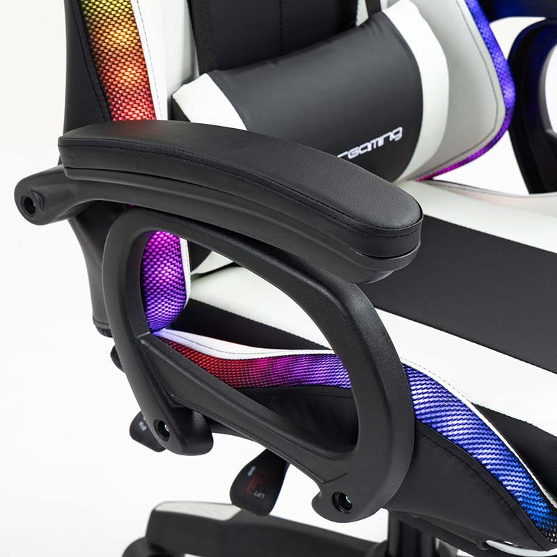 reposabrazos de la Silla Gaming PowerGaming LED RGB con Altavoz Bluetooth, Masaje y Reposapiés Negro+Blanco