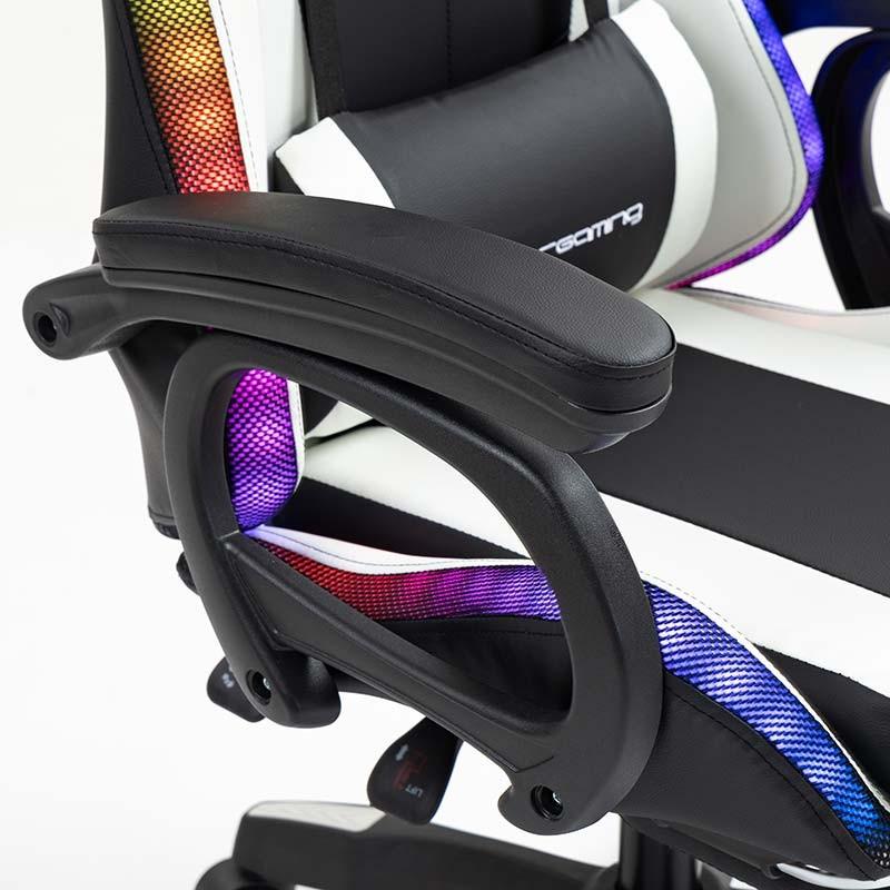 reposabrazos de la Silla Gaming PowerGaming LED RGB con Altavoz Bluetooth, Masaje y Reposapiés Negro+Blanco