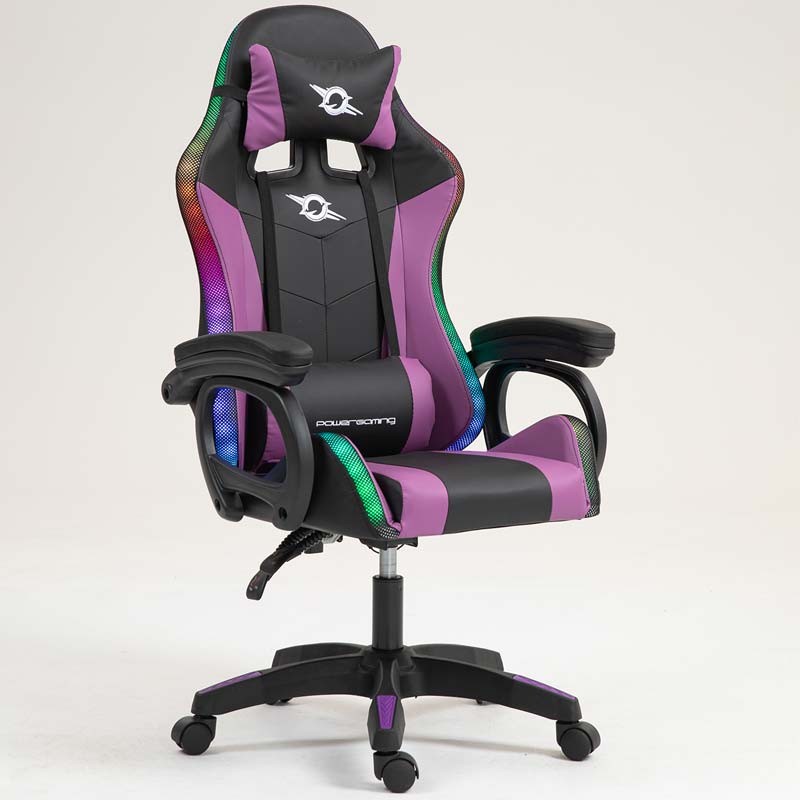 vue de face et de côté de la Chaise Gaming PowerGaming LED RGB Noir+Lilas