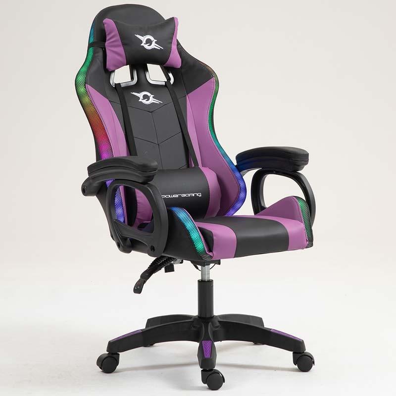 vue de face de la Chaise Gaming PowerGaming LED RGB Noir+Lilas inclinée
