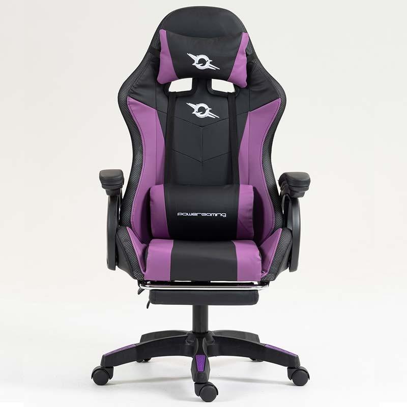 vue de face de la Chaise Gaming PowerGaming LED RGB avec Repose-pieds Noir+Lilas