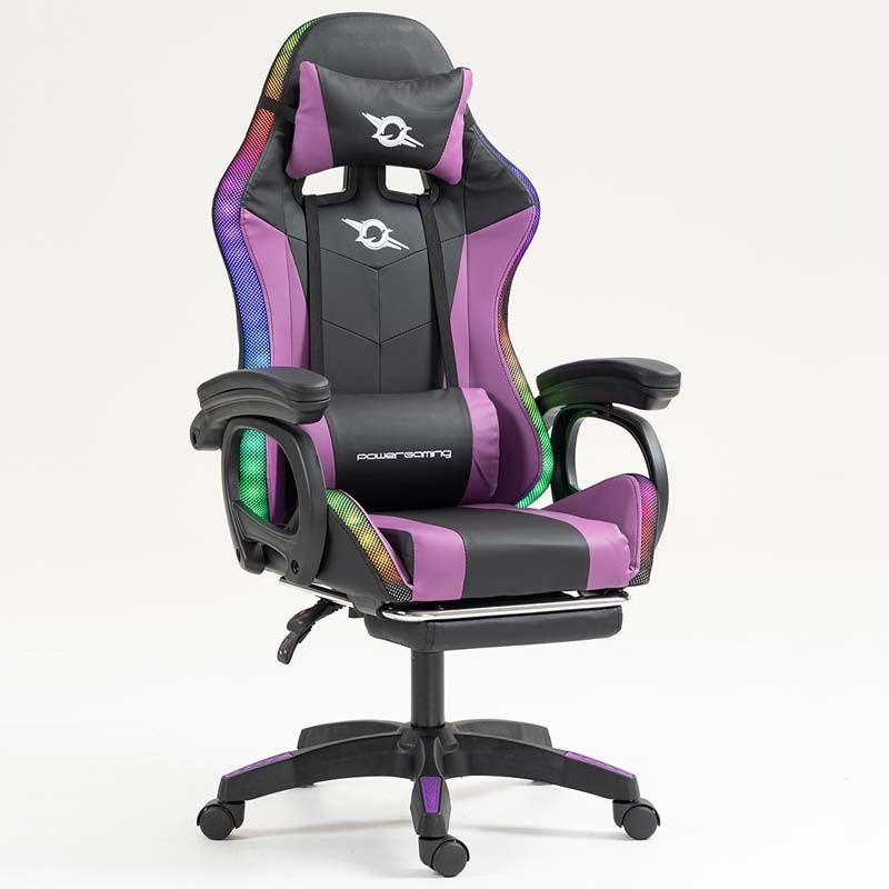 vue de face et de côté de la Chaise Gaming PowerGaming LED RGB avec Repose-pieds Noir+Lilas