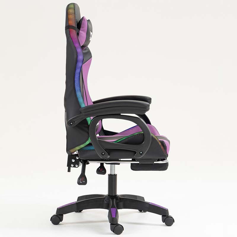 vue de côté de la Chaise Gaming PowerGaming LED RGB avec Repose-pieds Noir+Lilas