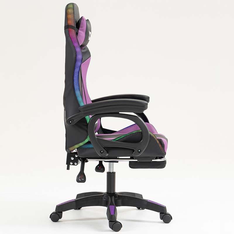 vue de côté de la Chaise Gaming PowerGaming LED RGB avec Repose-pieds Noir+Lilas