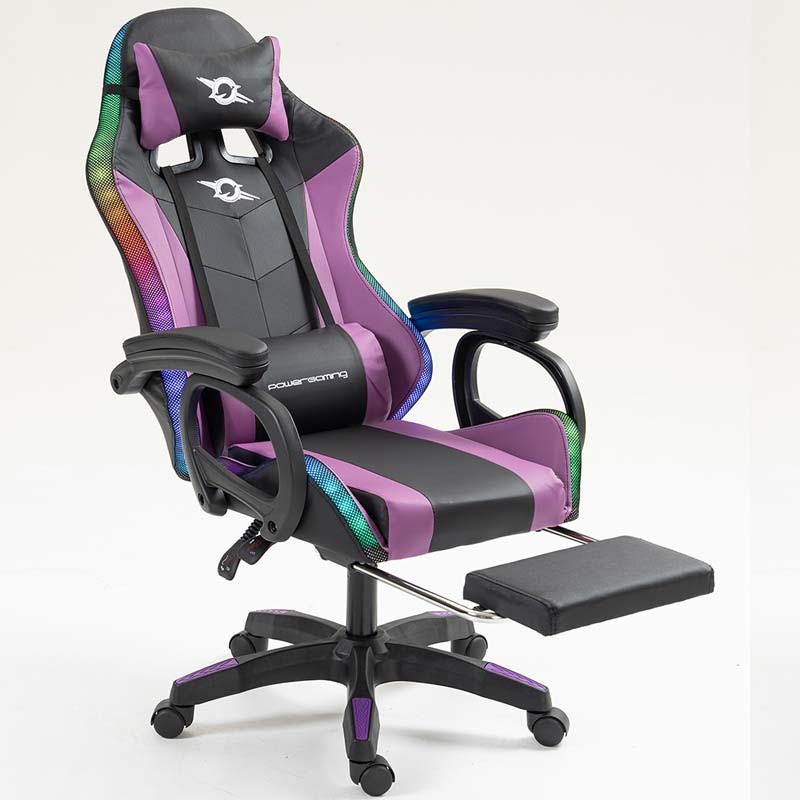vue de face de la Chaise Gaming PowerGaming LED RGB avec Repose-pieds Noir+Lilas inclinée