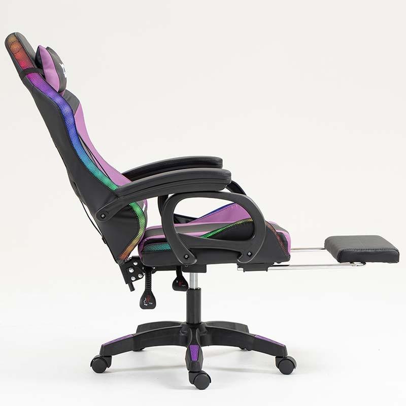 vue de côté de la Chaise Gaming PowerGaming LED RGB avec Repose-pieds Noir+Lilas inclinée