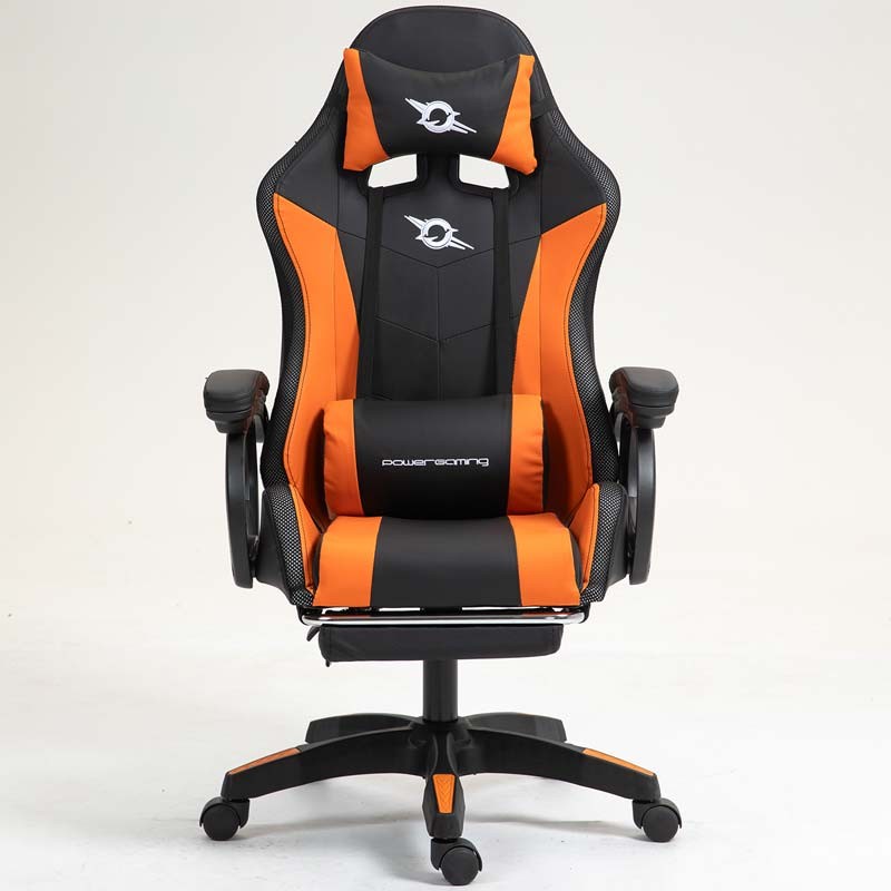 vue de face de la Chaise Gaming PowerGaming LED RGB avec Repose-pieds Noir+Orange