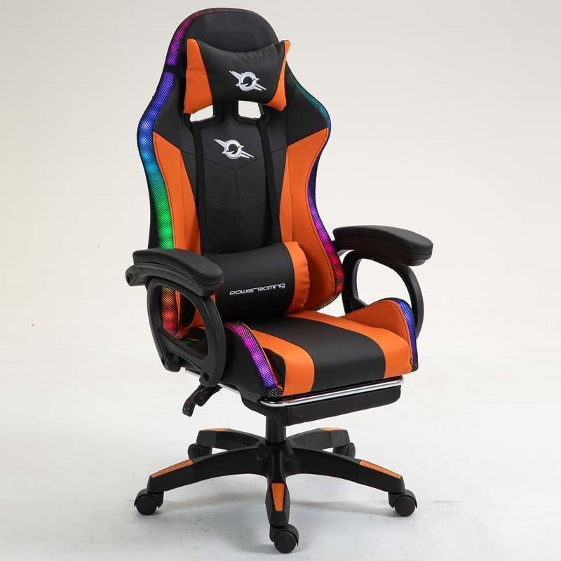 vue de face et de côté de la Chaise Gaming PowerGaming LED RGB avec Repose-pieds Noir+Orange