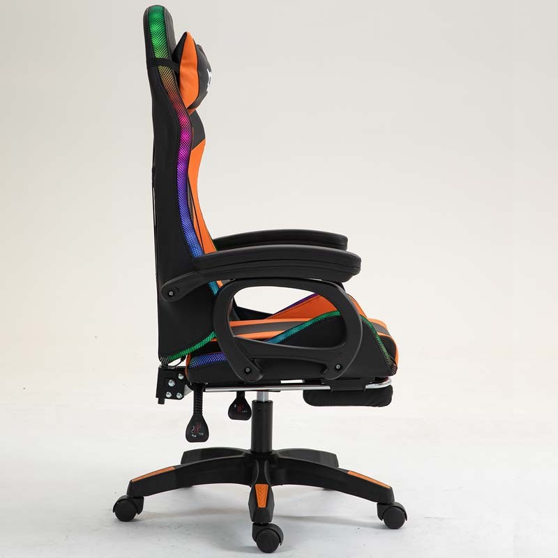 vue de côté de la Chaise Gaming PowerGaming LED RGB avec Repose-pieds Noir+Orange